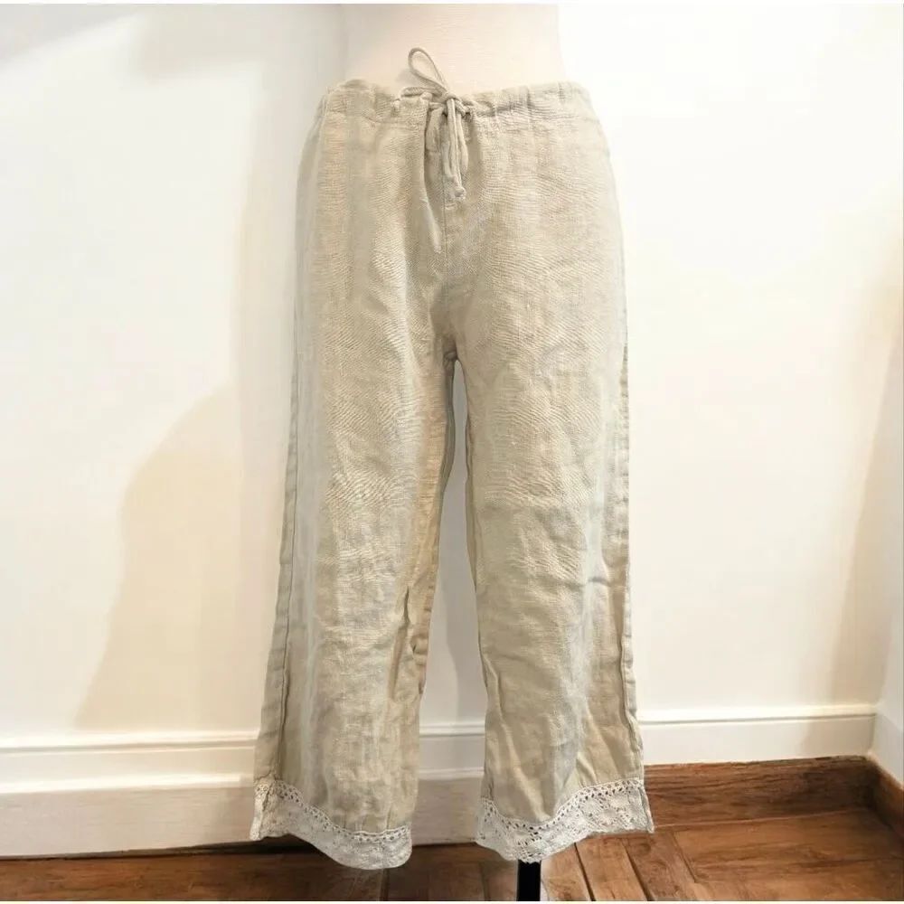 Vintage Masq Capri Pants Straight Leg Linen Tan Lace Crochet Large
